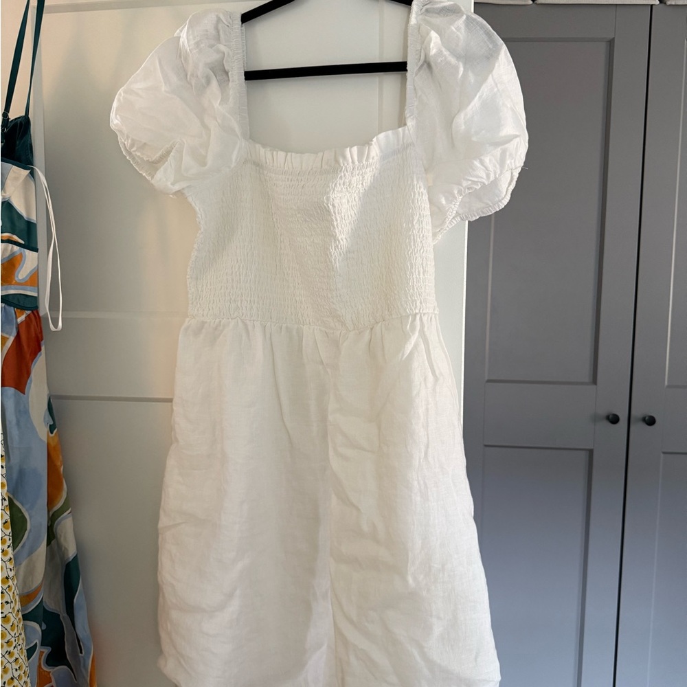 J.Crew Puff-Sleeve Smocked Linen Mini Dress in white, size XXL